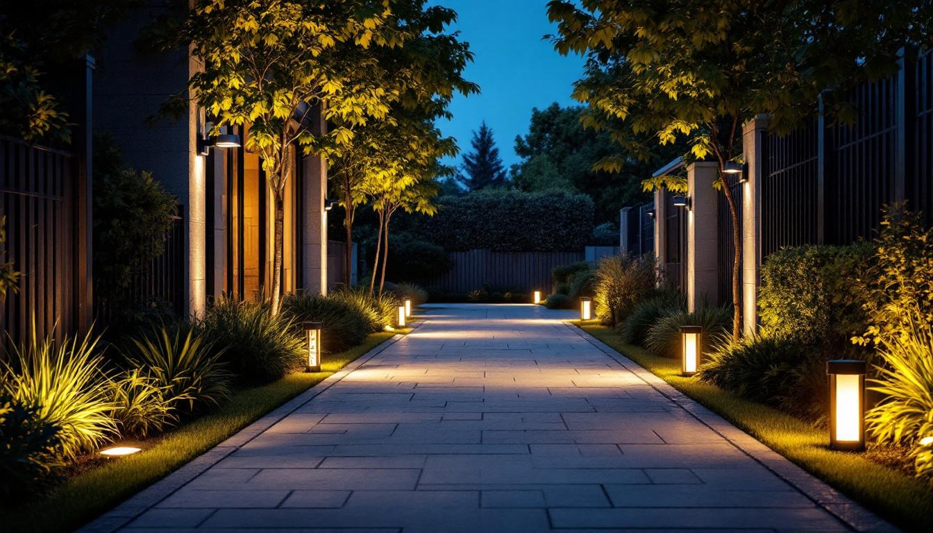 A photograph of a well-lit outdoor space featuring various styles of security lights in action
