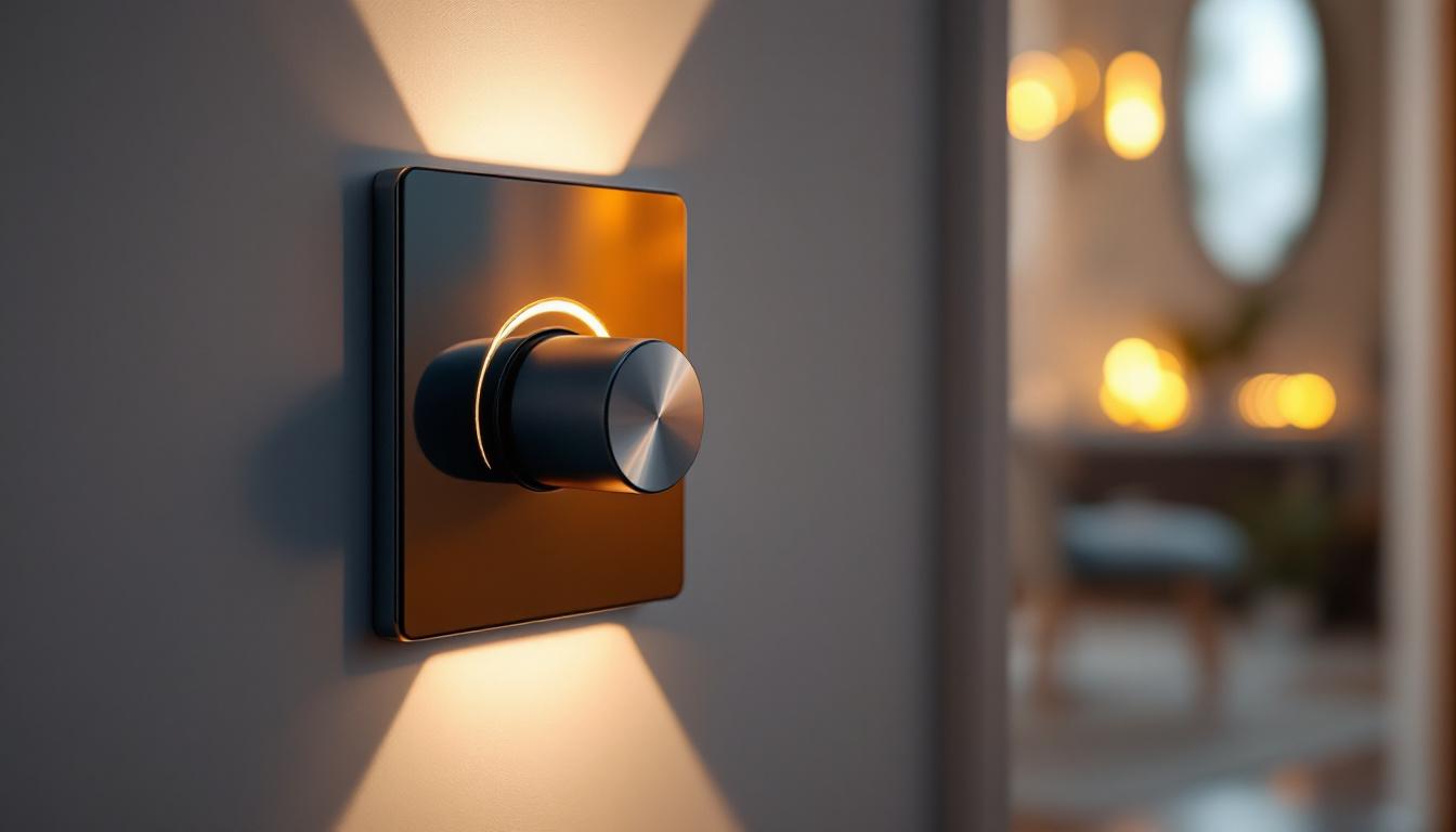 A photograph of a stylish light switch with a dimmer installed in a modern home setting