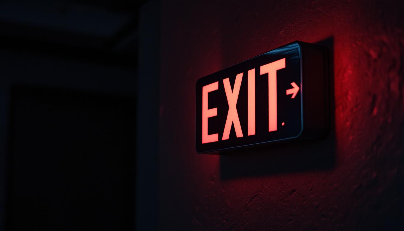 A photograph of a well-lit exit sign with battery backup illuminated in a dimly lit environment