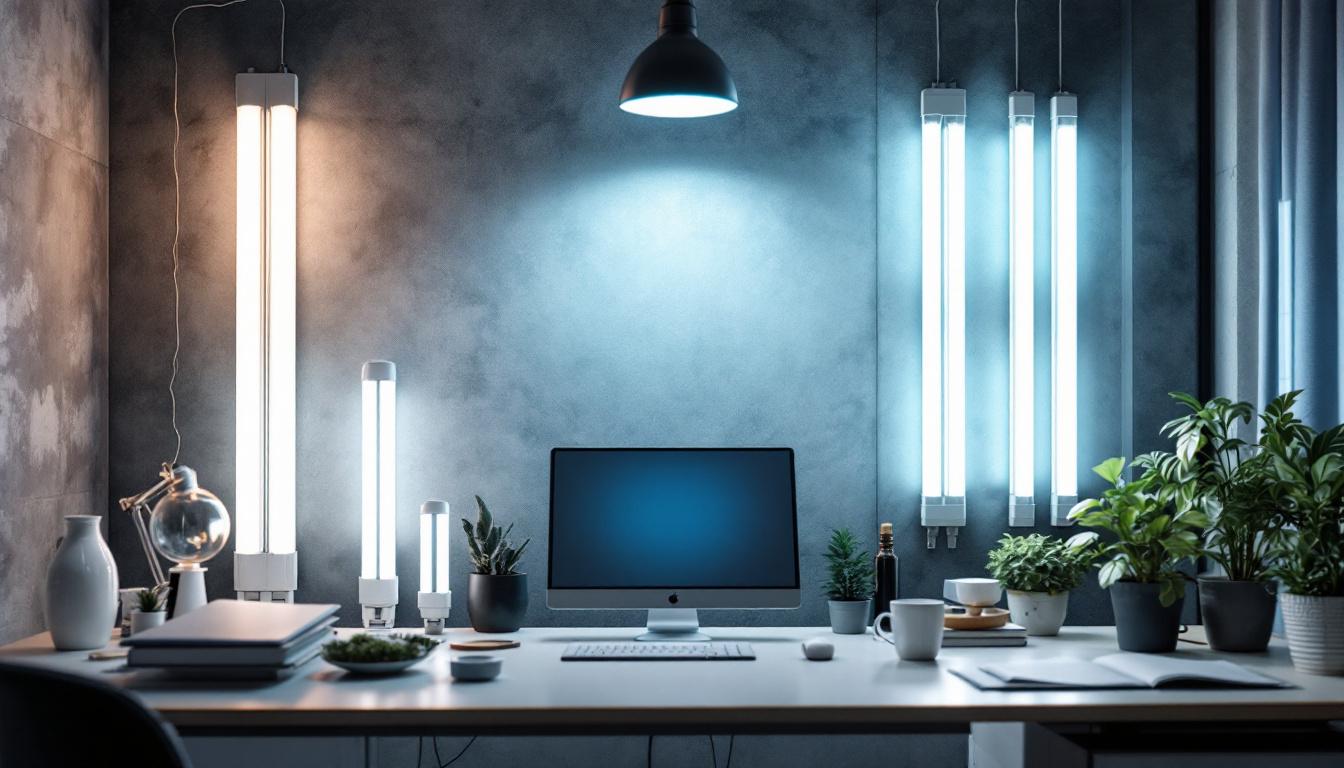 A photograph of a well-lit workspace featuring various standard fluorescent tube sizes displayed alongside energy-efficient lighting fixtures