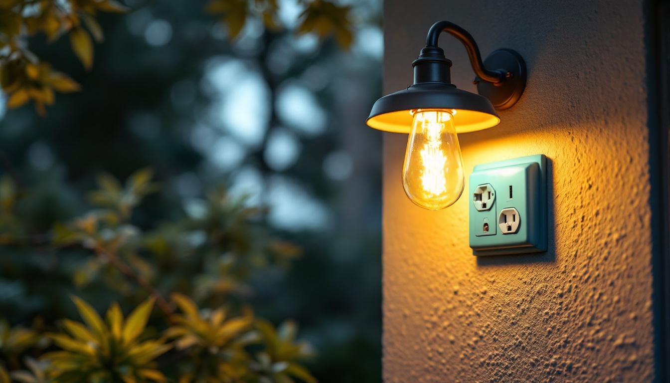 A photograph of a well-lit outdoor wall light fixture installed on a home