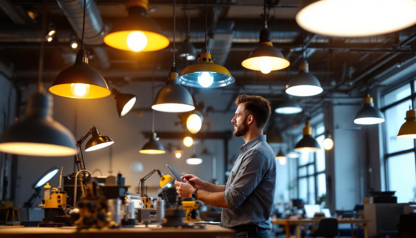 A photograph of a well-lit industrial workspace featuring various types of commercial lighting fixtures