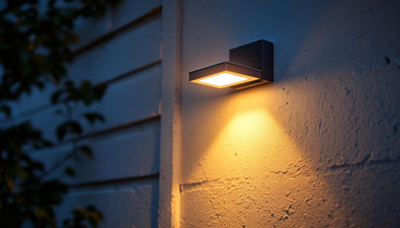A photograph of a well-lit outdoor wall mount fixture installed on a home exterior