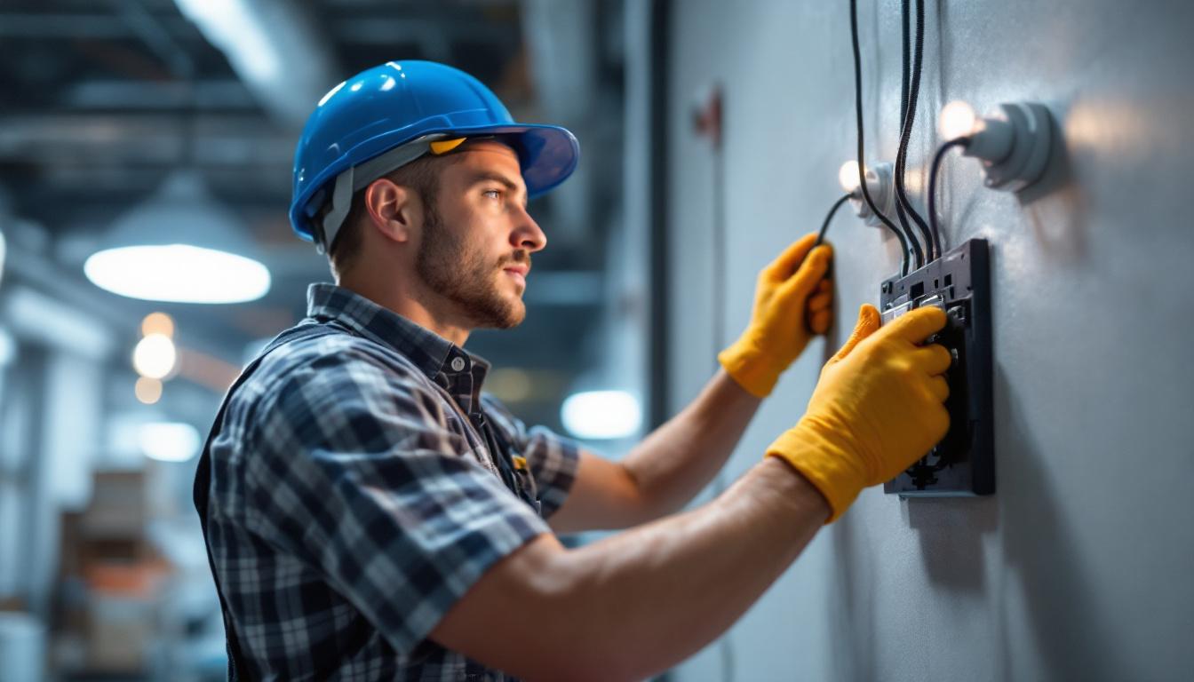 A photograph of a professional electrician installing a 15 amp switch in a large commercial space