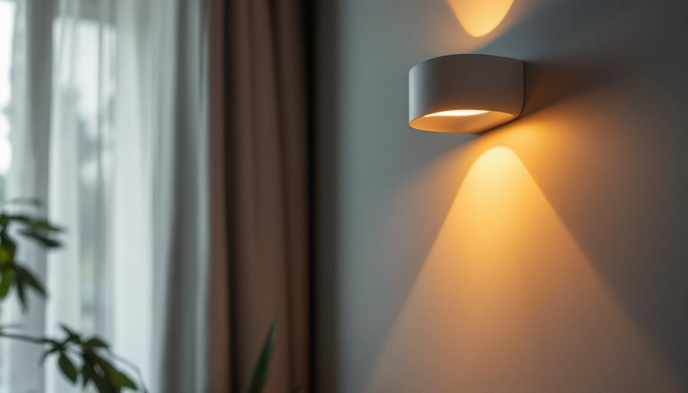 A photograph of a stylishly designed led indoor wall lamp illuminating a cozy