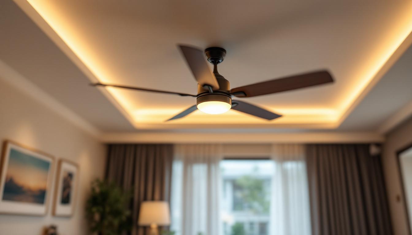A photograph of a stylishly designed ceiling fan with a wall control switch prominently displayed