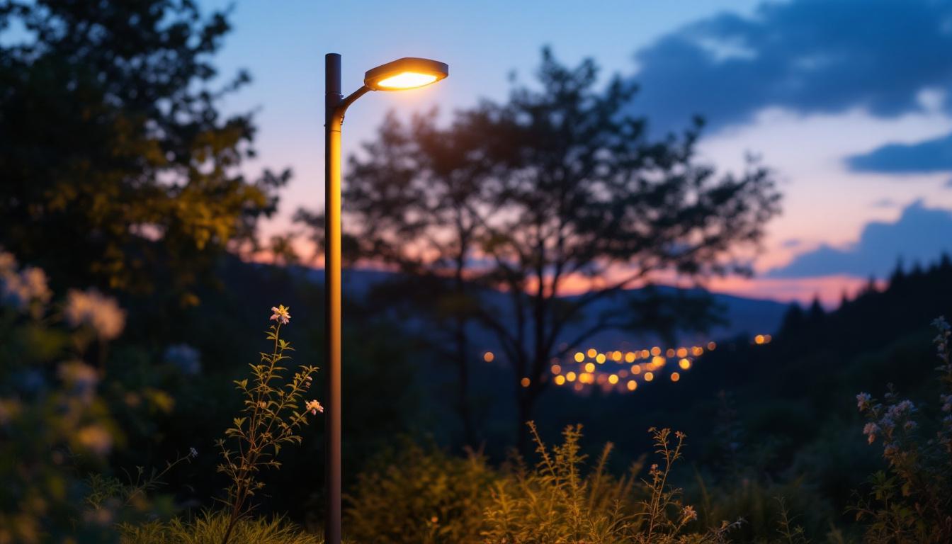 A photograph of a beautifully lit outdoor scene featuring a low voltage pole lamp