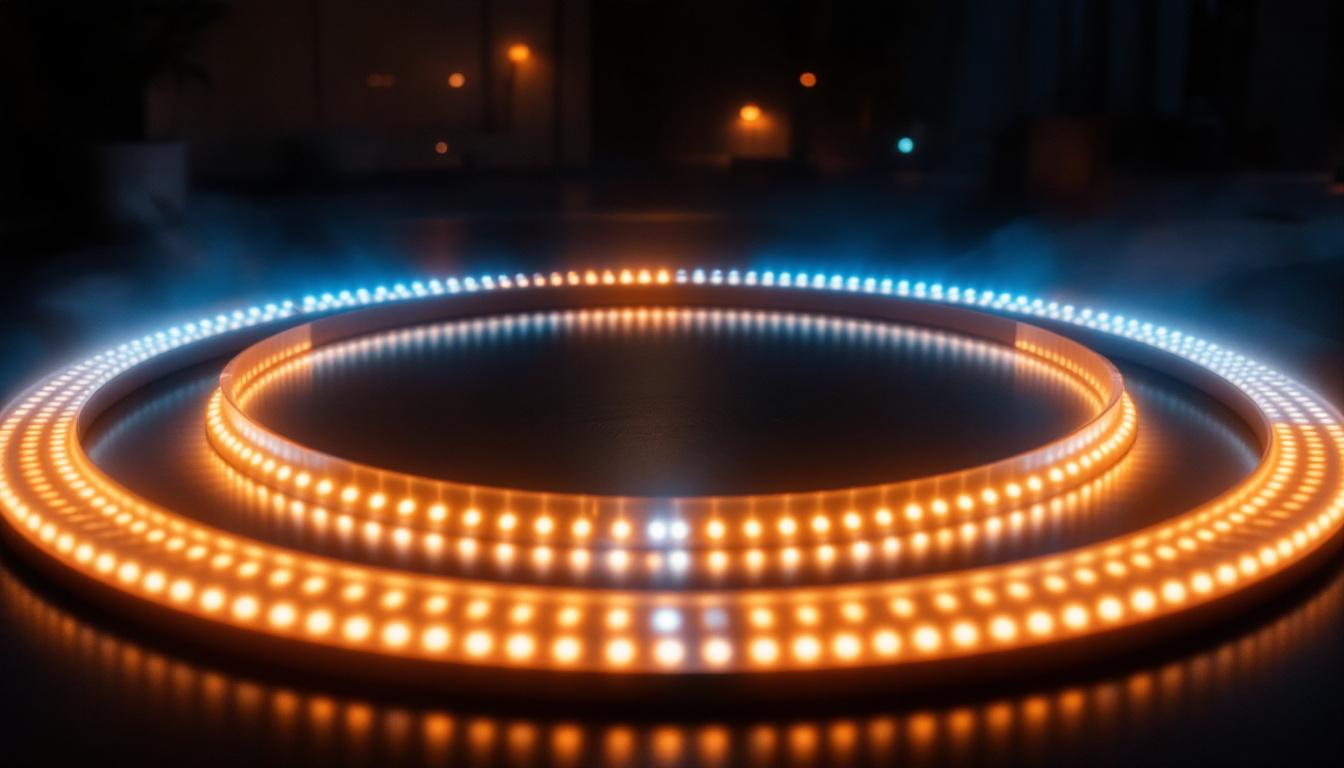A photograph of a vibrant led-lit circle installation in a dimly lit environment