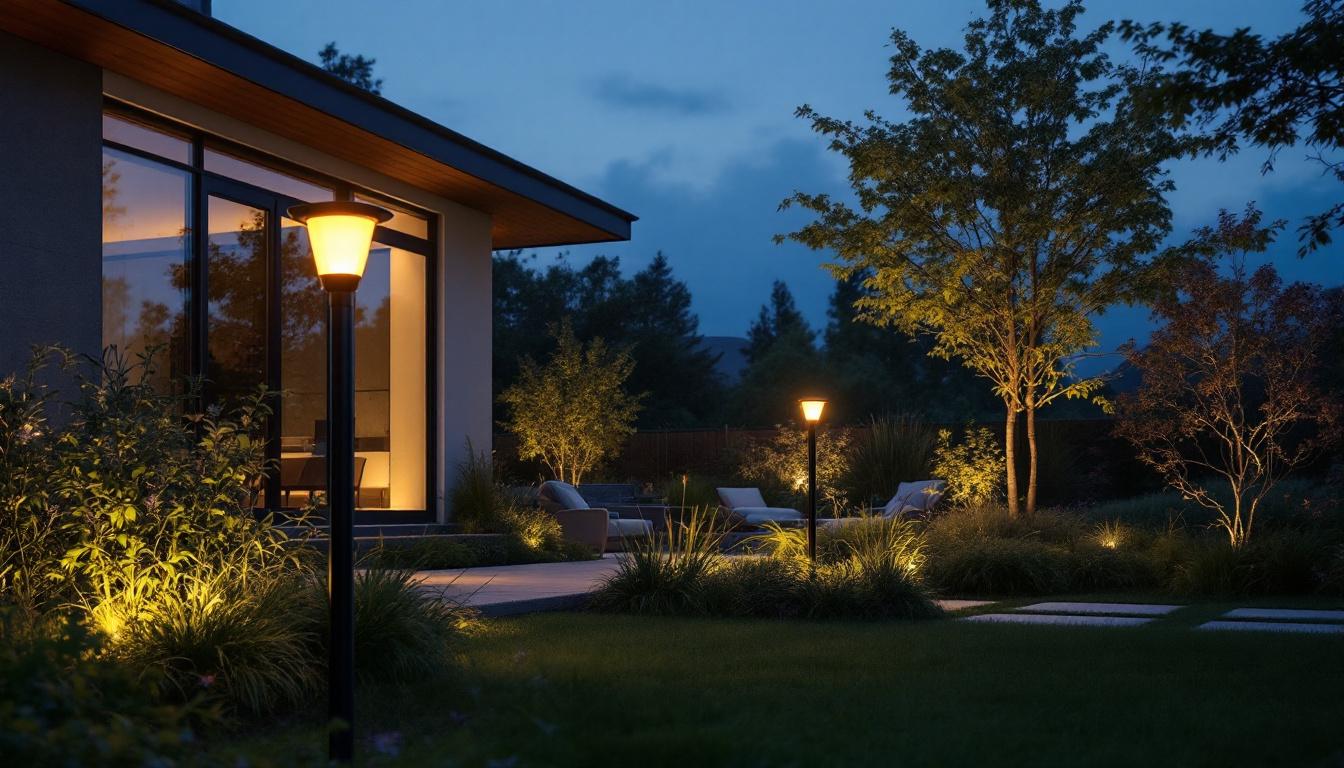 A photograph of a beautifully designed outdoor space illuminated by usa-made solar lights