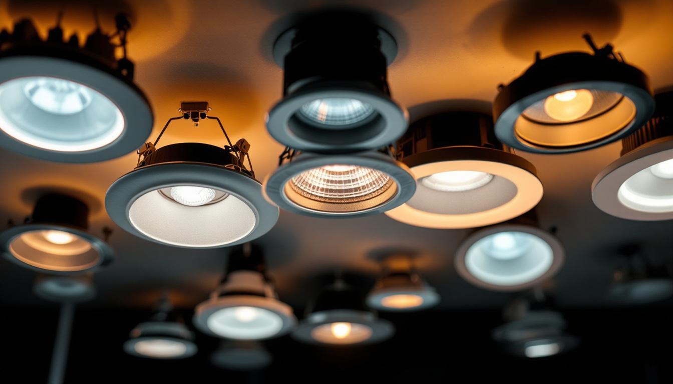 A photograph of a close-up view of various pot light housings installed in a ceiling
