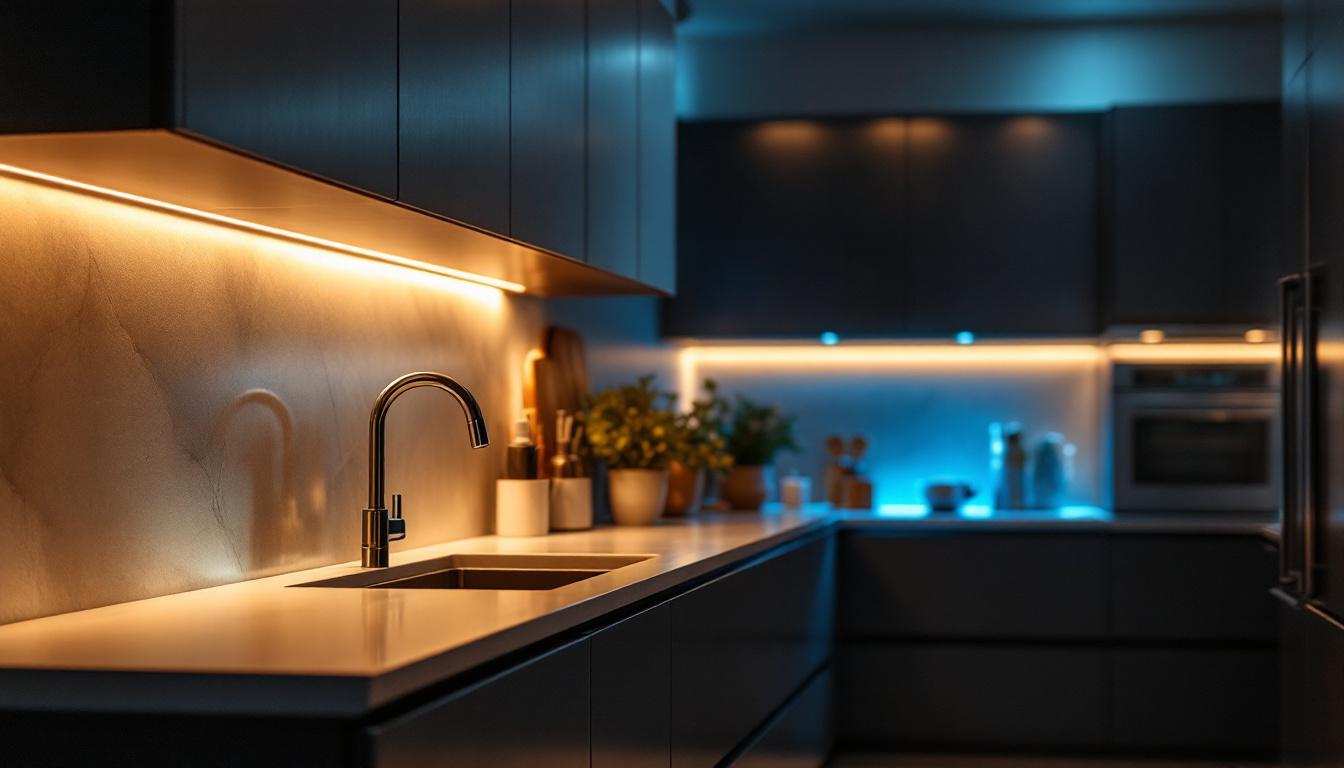 A photograph of a stylish kitchen featuring modern under cabinet lighting that highlights the sleek design of the cabinetry and countertops