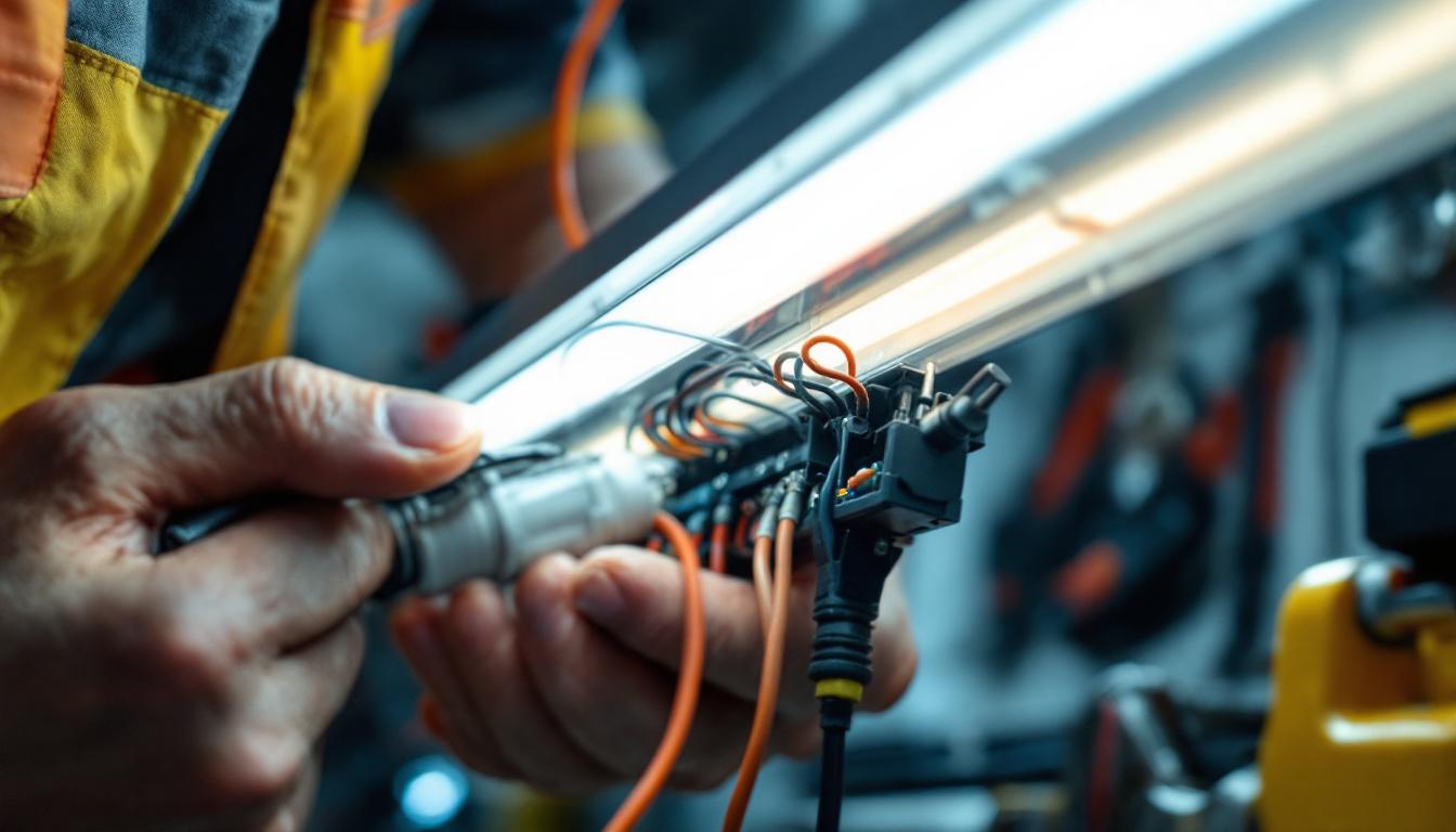 A photograph of a close-up view of a fluorescent fixture ballast being installed or examined by an electrical engineer