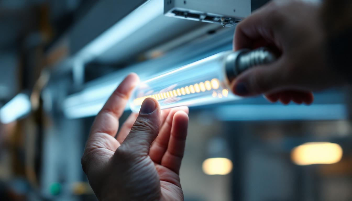 A photograph of a close-up of a t5 led bulb being installed in a fixture