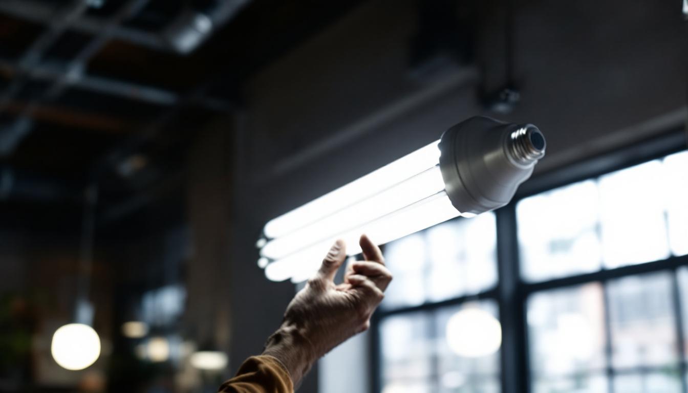 A photograph of a 4-foot fluorescent led replacement bulb being installed in a commercial or residential setting