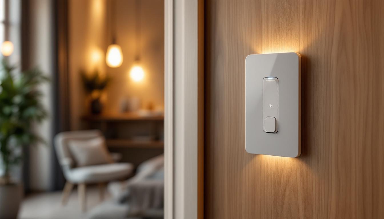 A photograph of a modern wifi-enabled electrical switch installed in a stylish home setting
