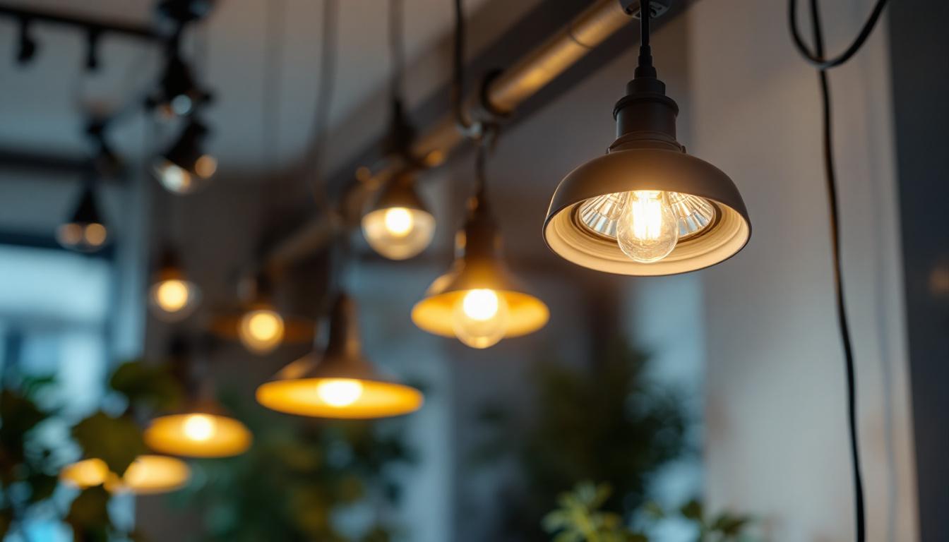 A photograph of a stylish indoor setting featuring various spotlight fixtures in use