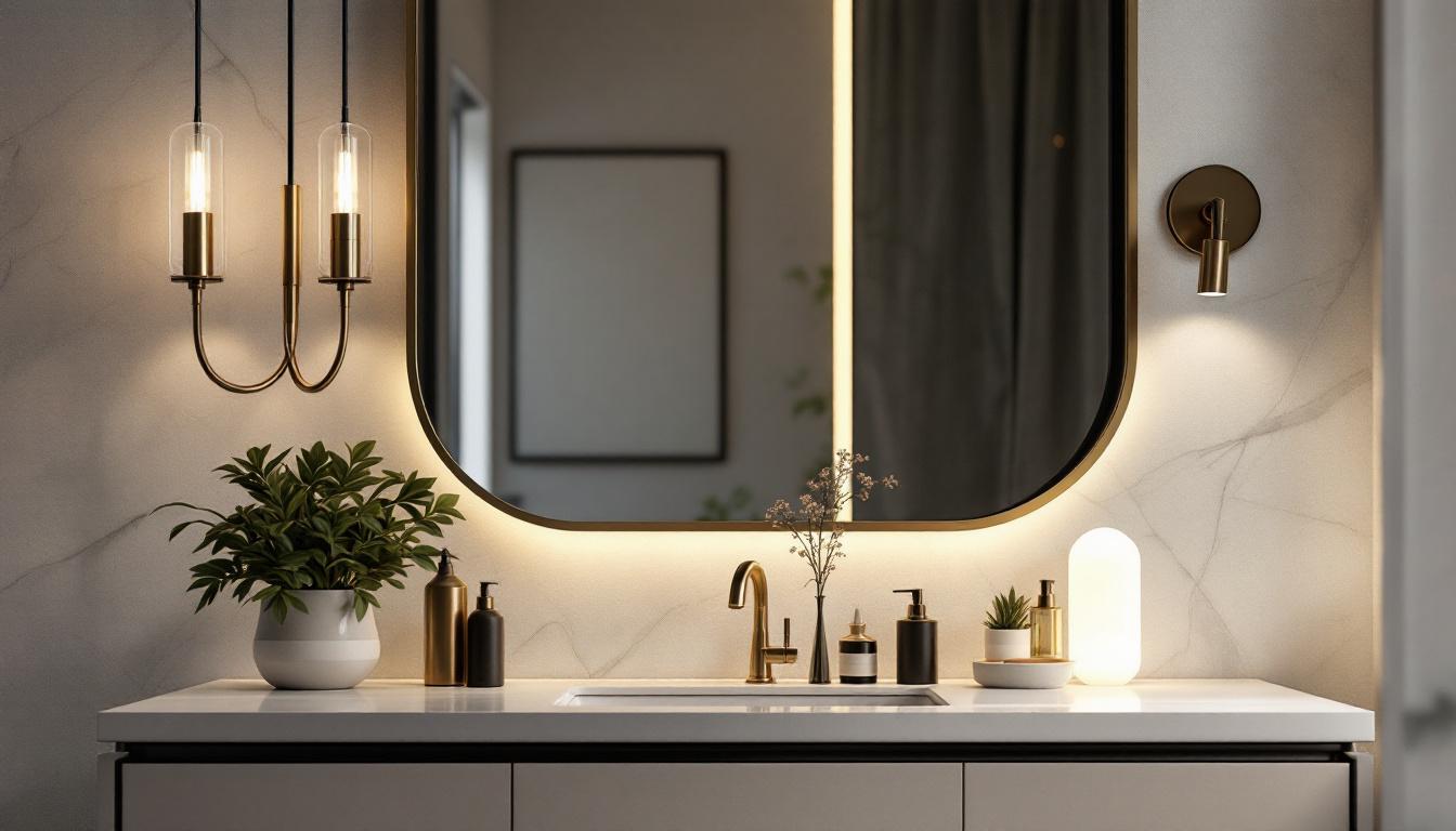 A photograph of a stylish vanity setup featuring elegant lighting fixtures