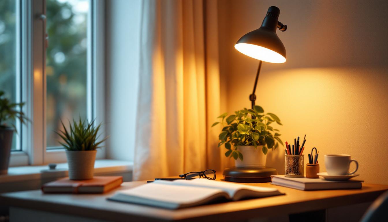 A photograph of a cozy study space featuring a well-lit desk with a warm