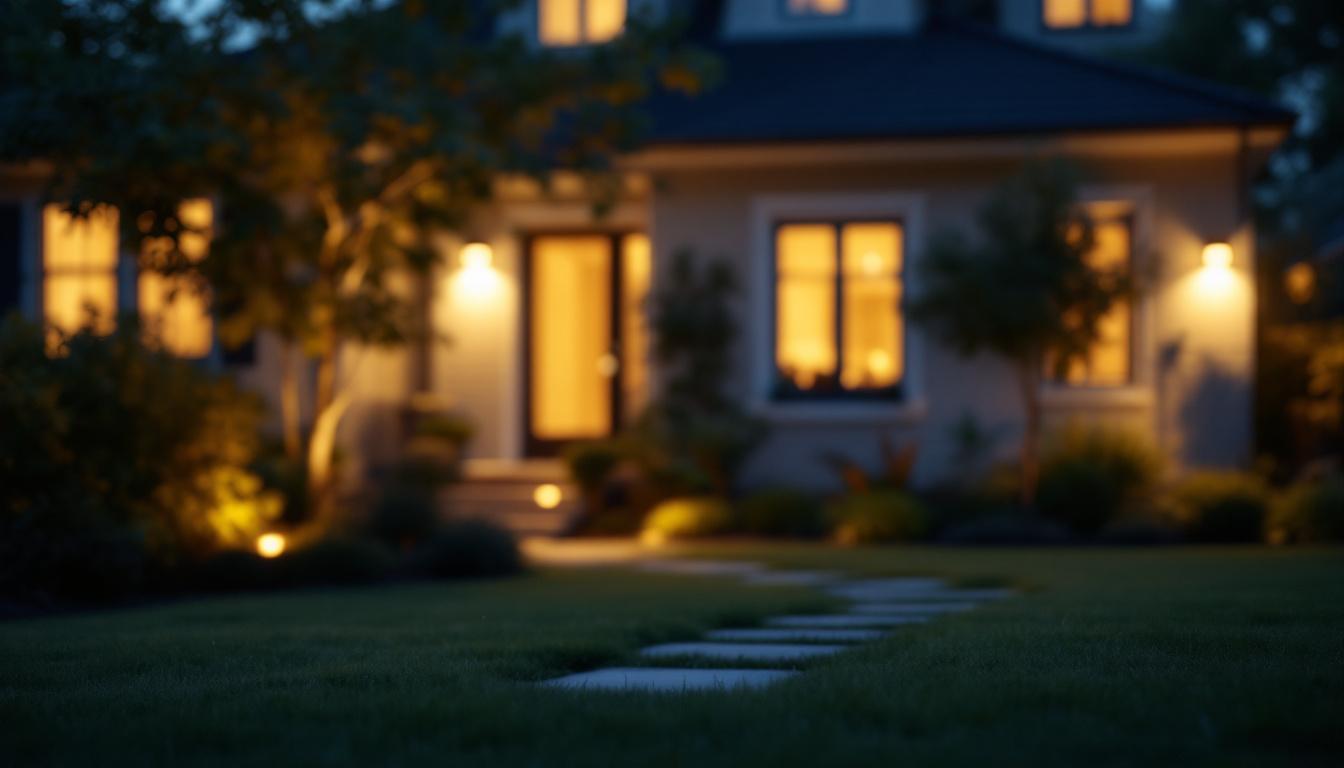 A photograph of a well-lit outdoor space featuring a motion sensor light in action
