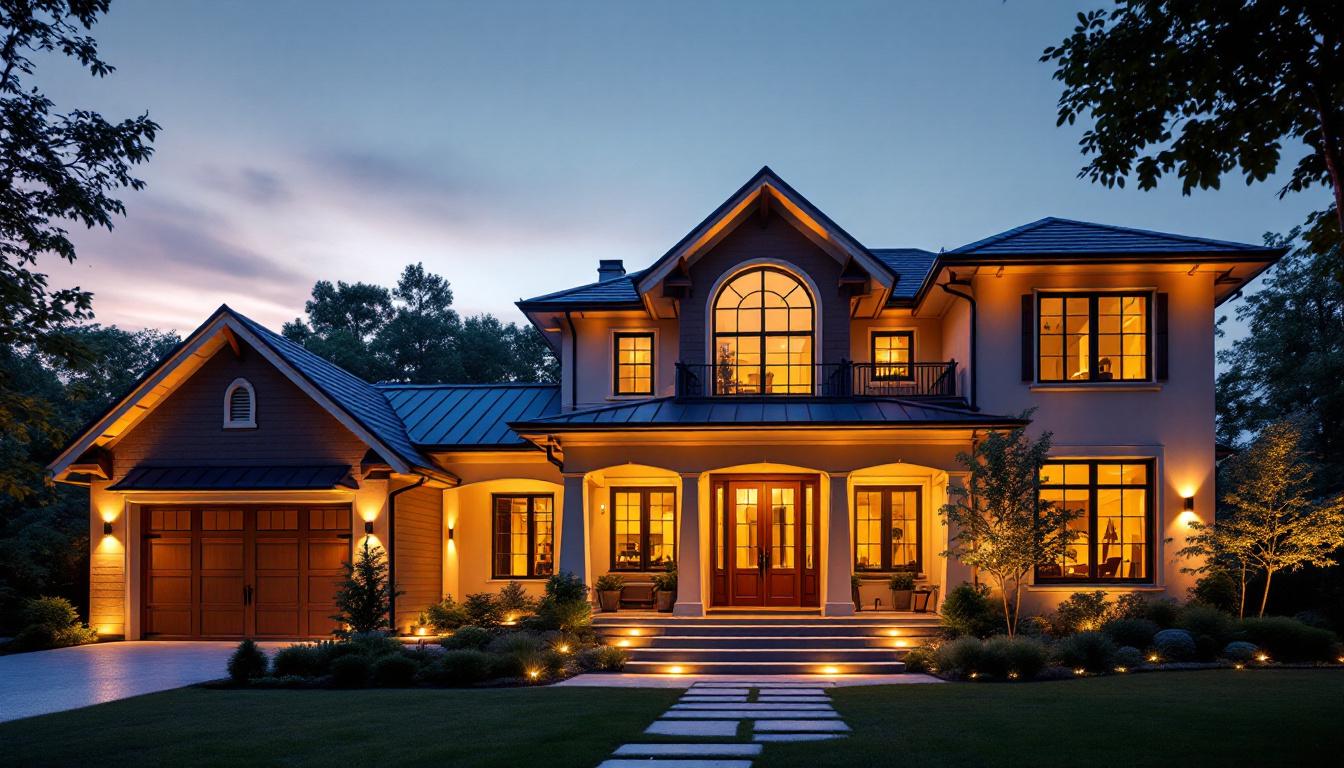 A photograph of a beautifully lit exterior of a house at dusk