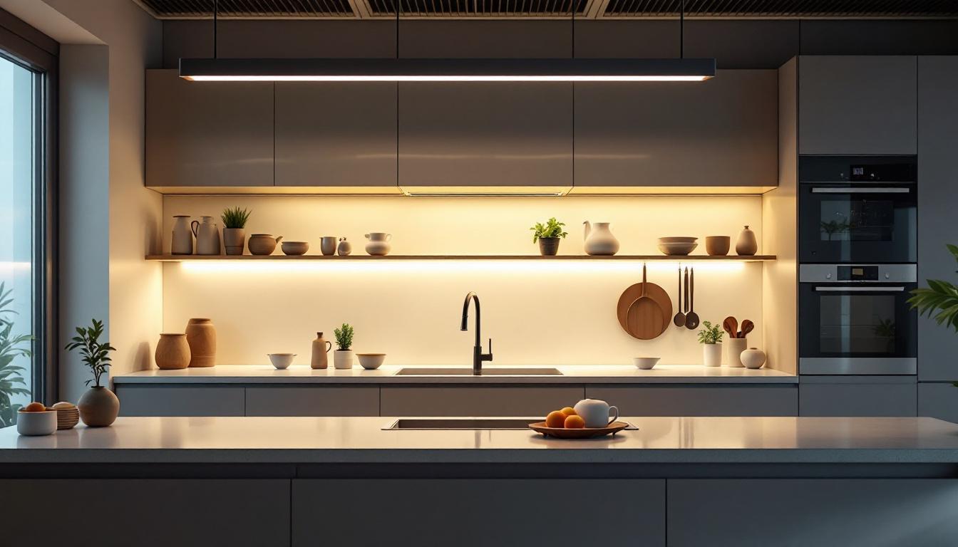 A photograph of a modern kitchen featuring sleek fluorescent lighting that highlights the space while minimizing glare