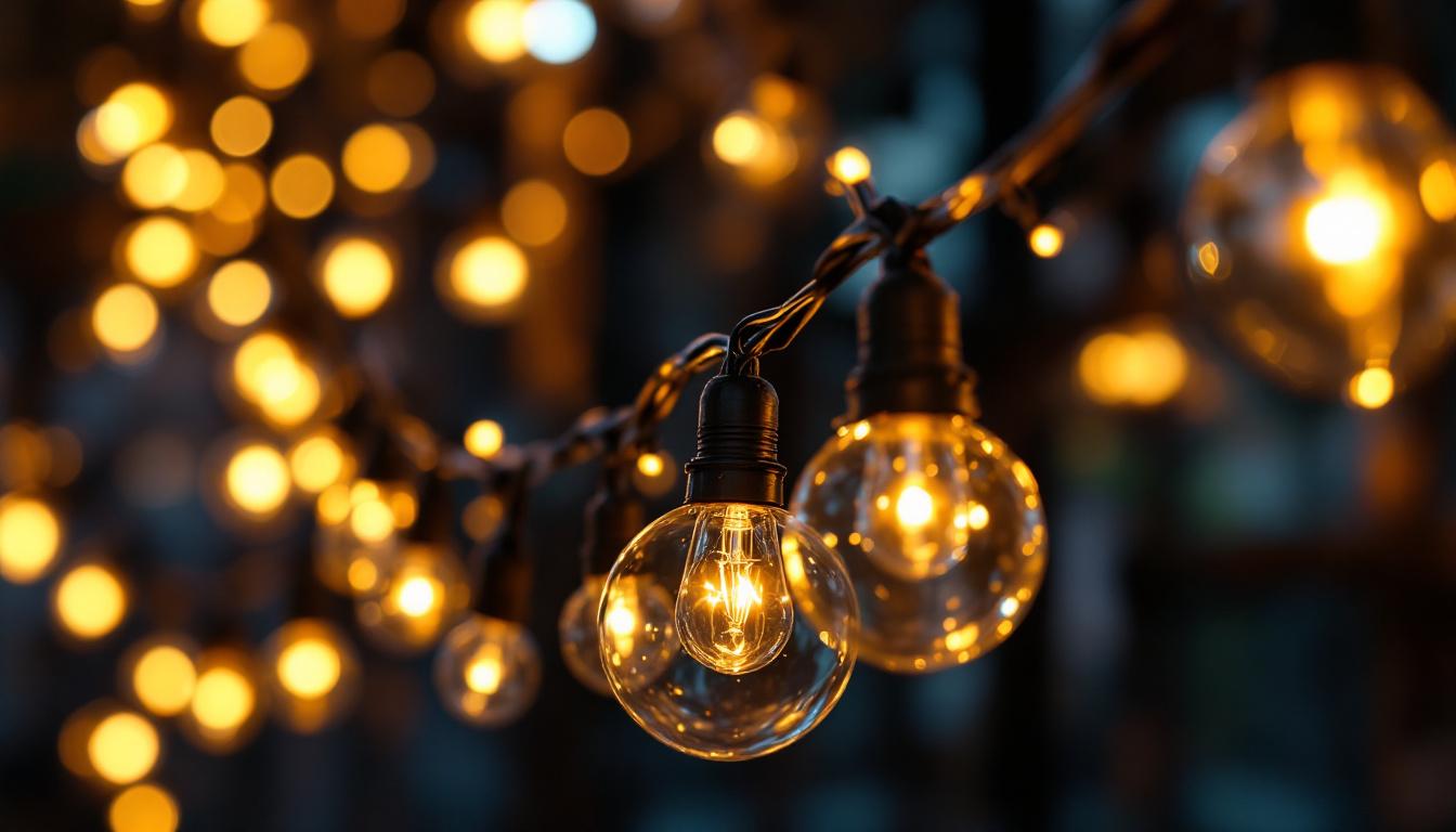 A photograph of a close-up view of a well-lit chain of decorative lights