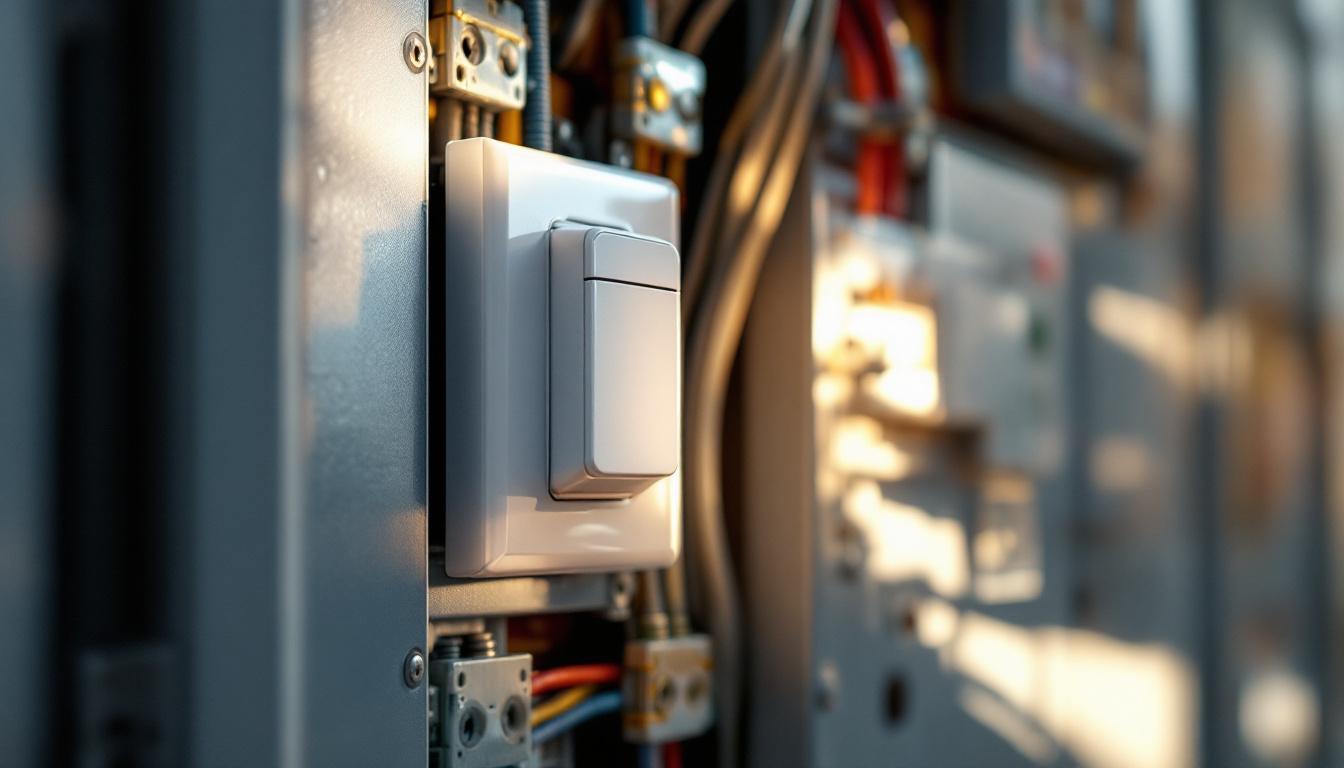 A photograph of a close-up of a daylight sensor switch installed in a modern electrical panel