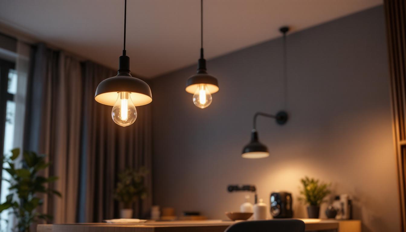 A photograph of a beautifully designed room featuring stylish hanging led lights installed in the ceiling