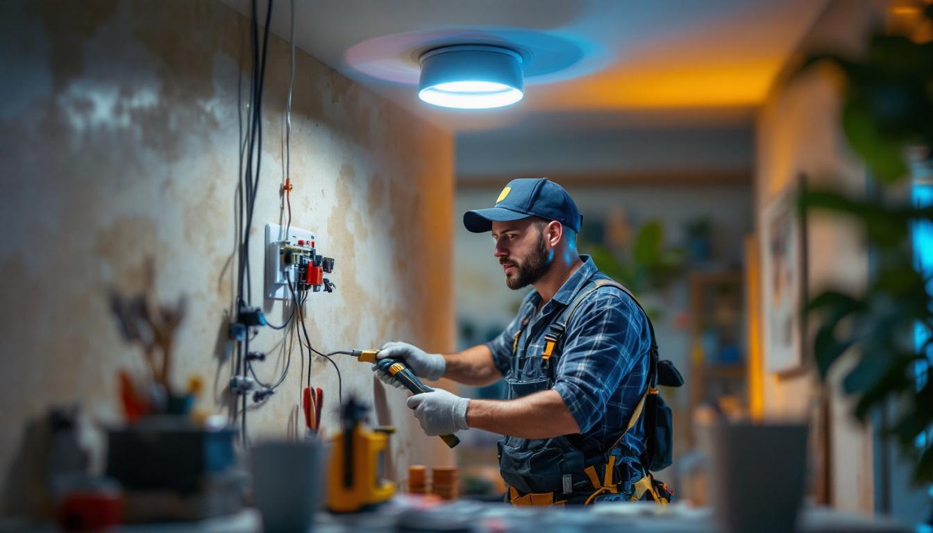 A photograph of a skilled electrician installing pot lights in a modern home