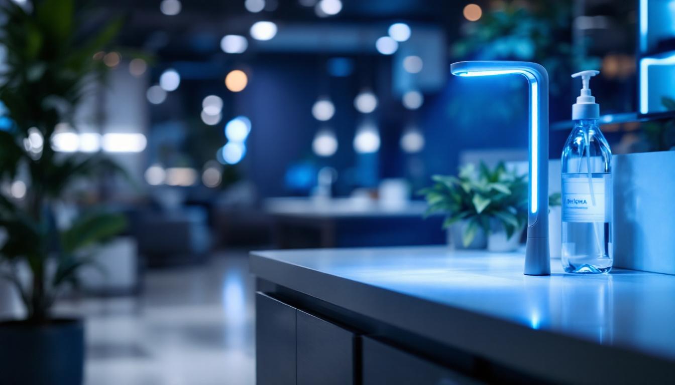 A photograph of a sleek blue light sanitizer in use within a modern setting