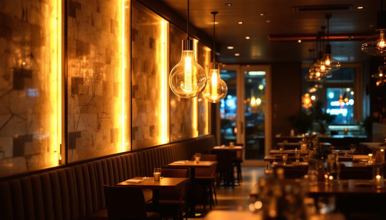 A photograph of a beautifully illuminated restaurant interior showcasing innovative lighting designs and fixtures that enhance the ambiance