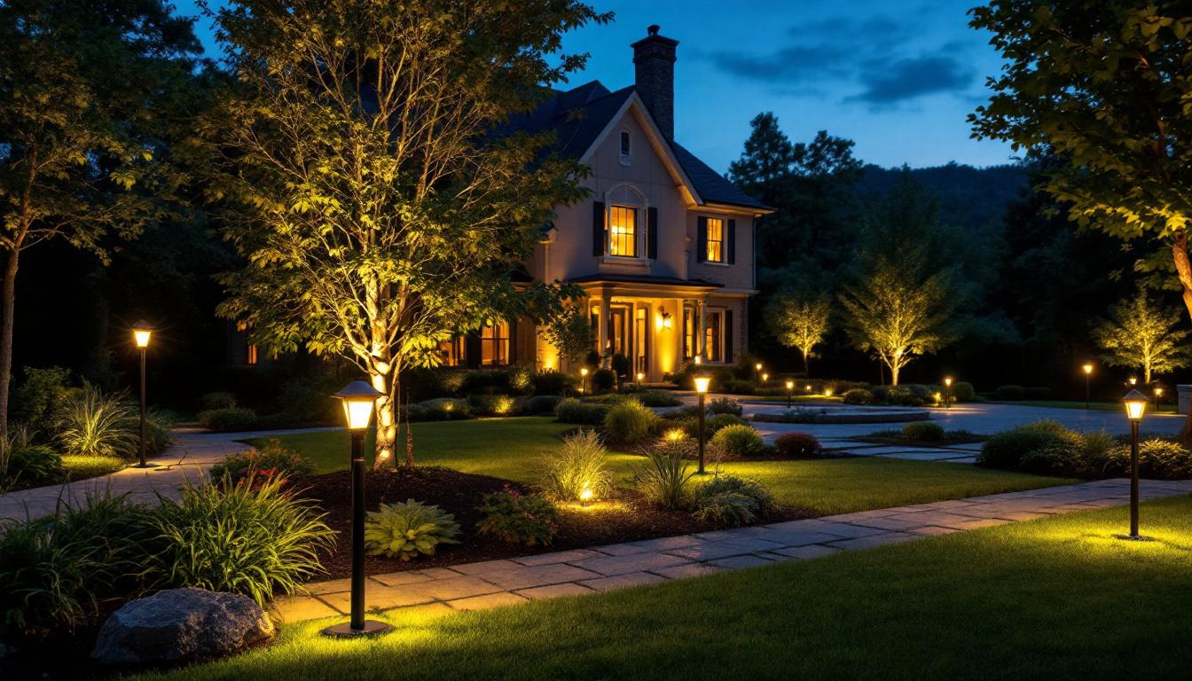 A photograph of a beautifully illuminated outdoor landscape featuring various landscape led bulbs in use