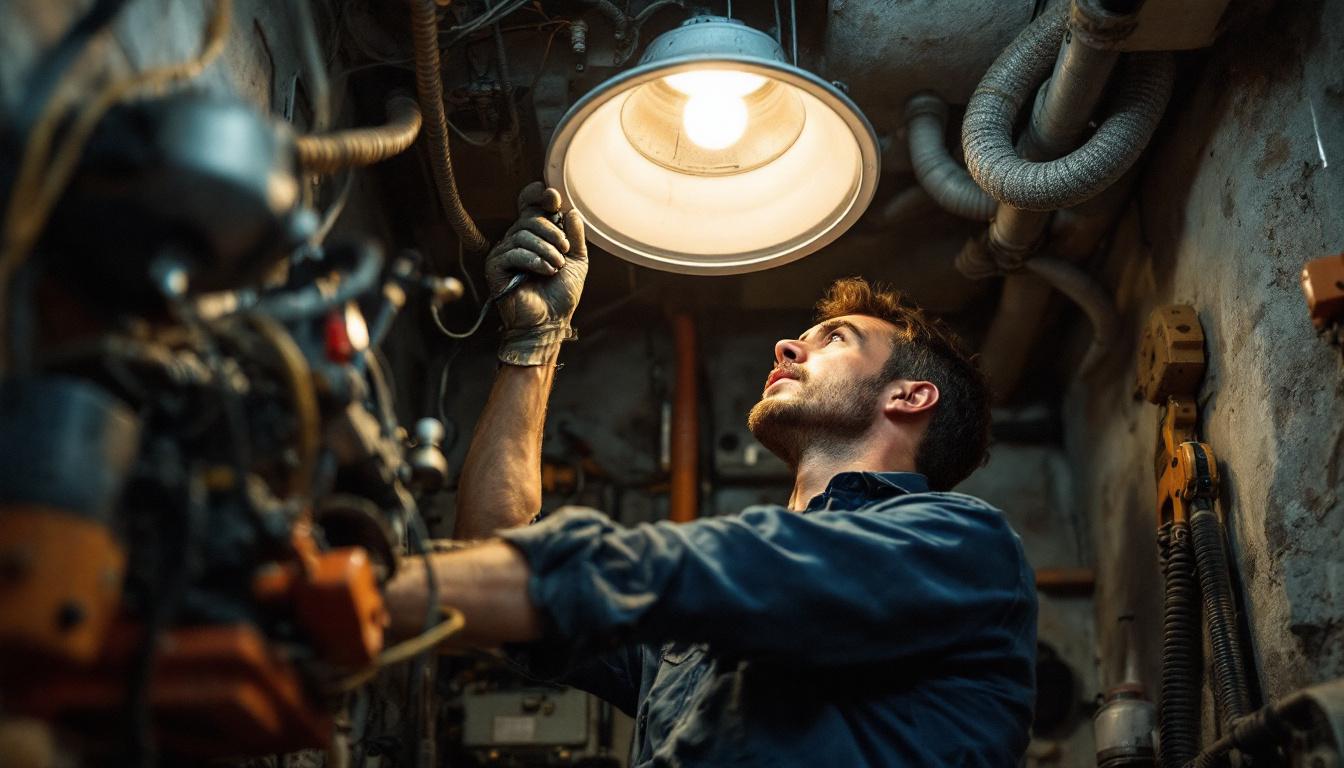 A photograph of an electrical engineer examining or working on an old recessed lighting fixture