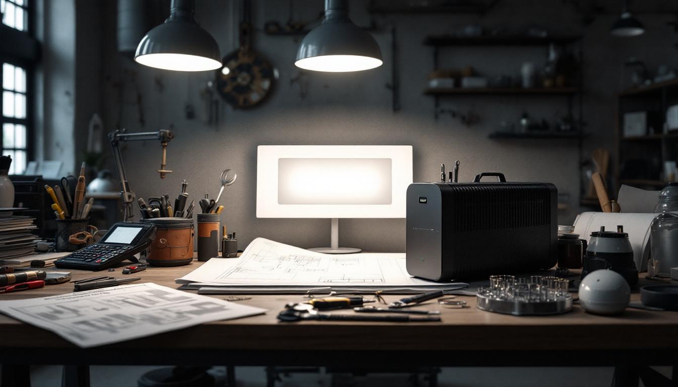 A photograph of a well-lit engineering workspace featuring the leviton 5693-2e device alongside tools and blueprints