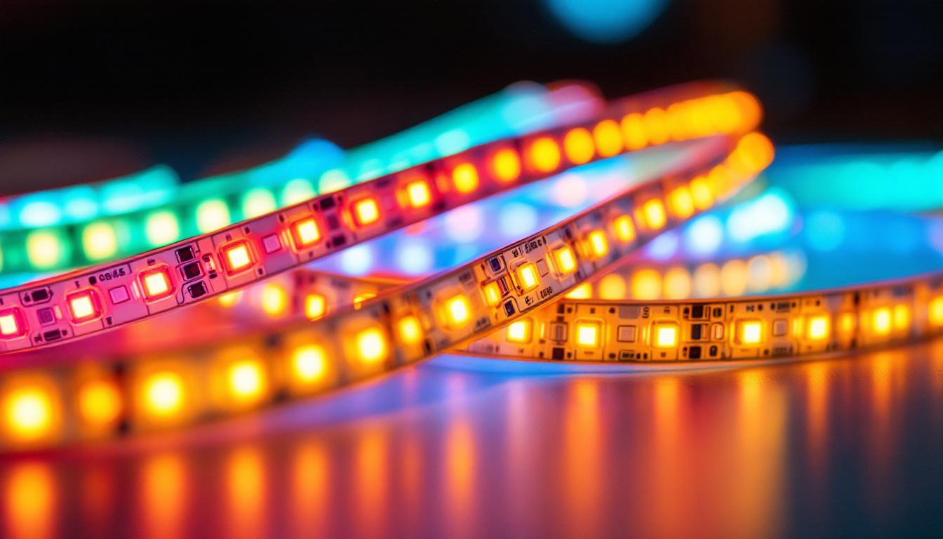 A photograph of a close-up shot of vibrant led flex strips in various colors
