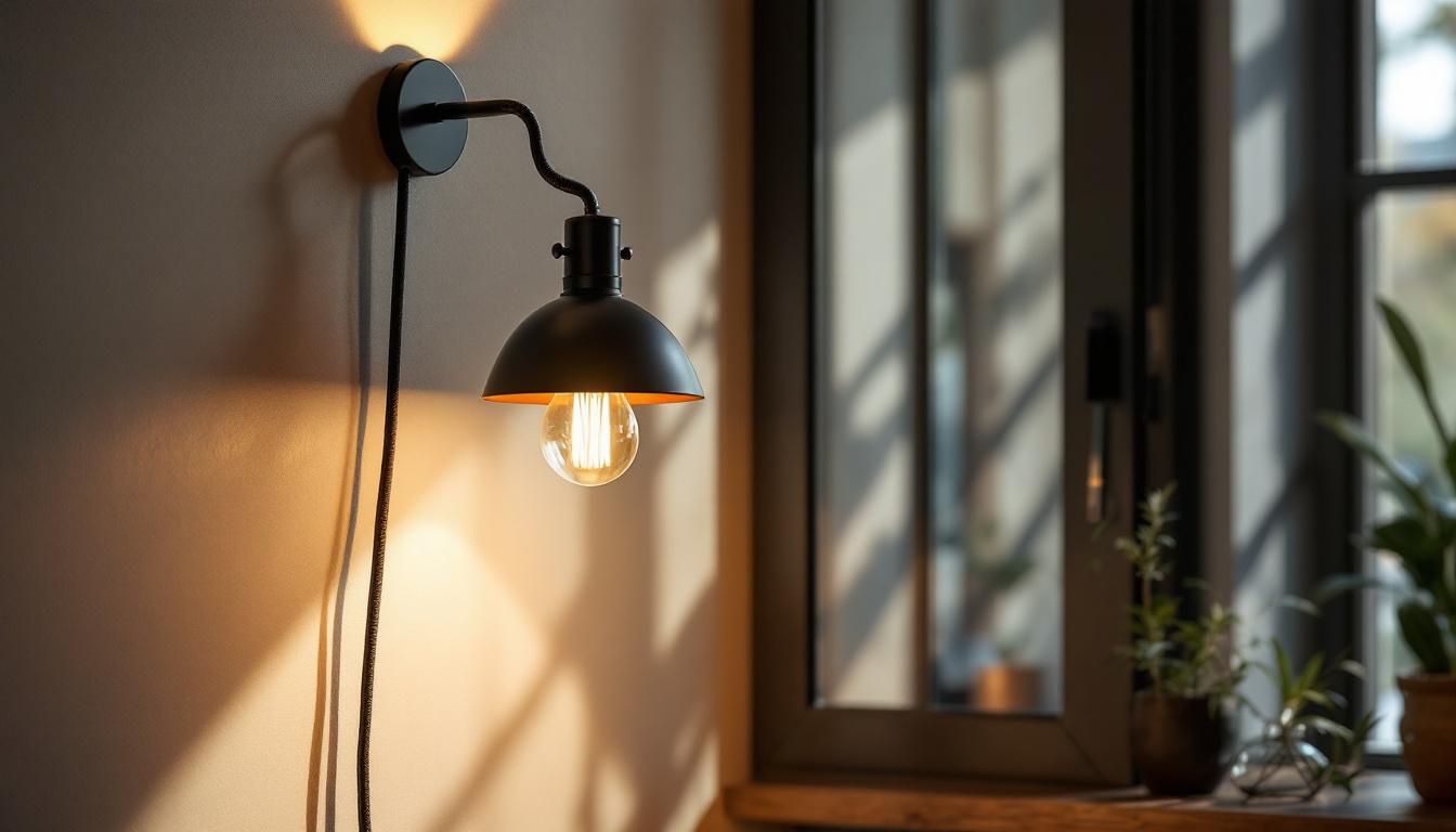 A photograph of a stylish wall lamp with an elegant cord design
