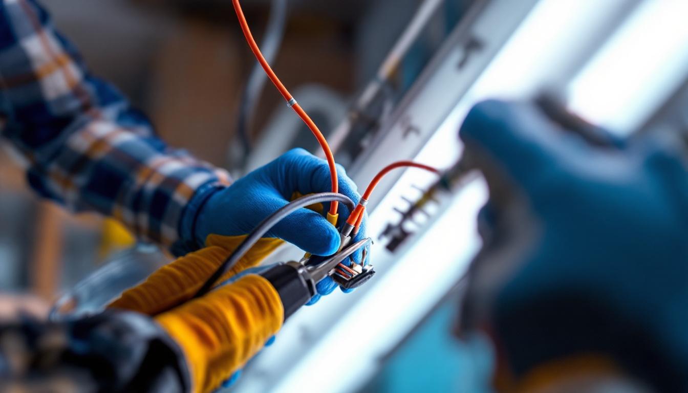 A photograph of a close-up view of a fluorescent light fixture being wired
