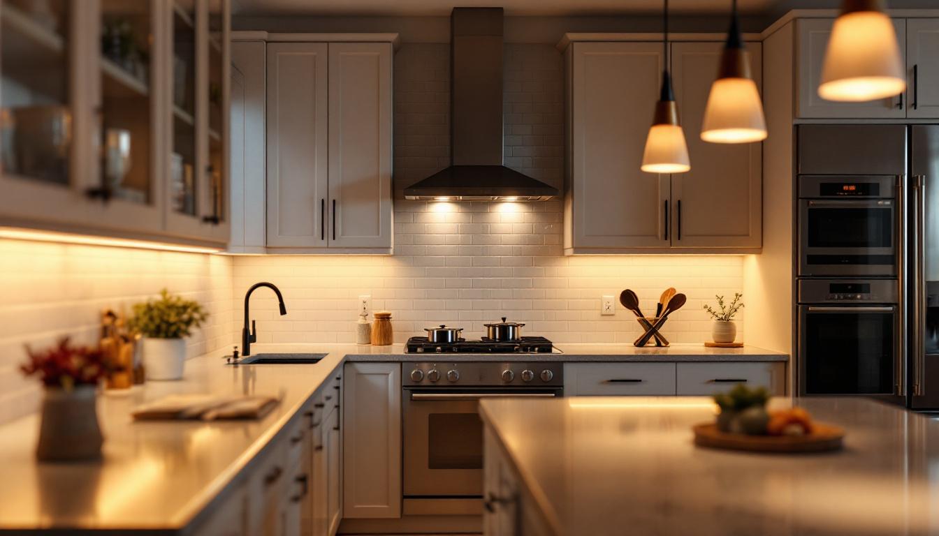 A photograph of a beautifully designed kitchen featuring undermount cabinet lighting