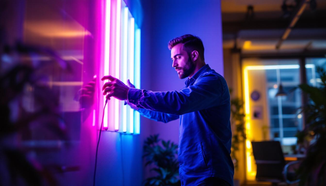 A photograph of a lighting engineer adjusting a colorful led strip light installation in a modern workspace