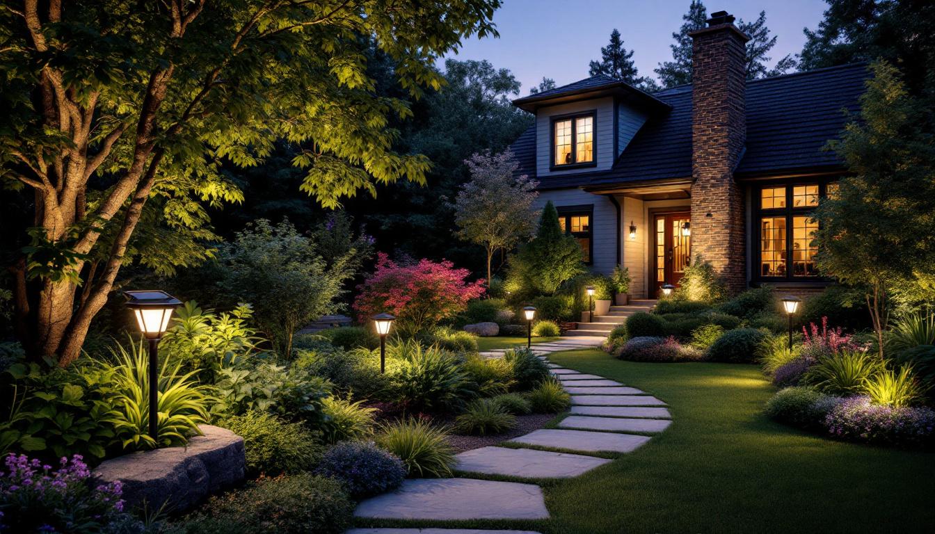 A photograph of a beautifully landscaped garden at dusk