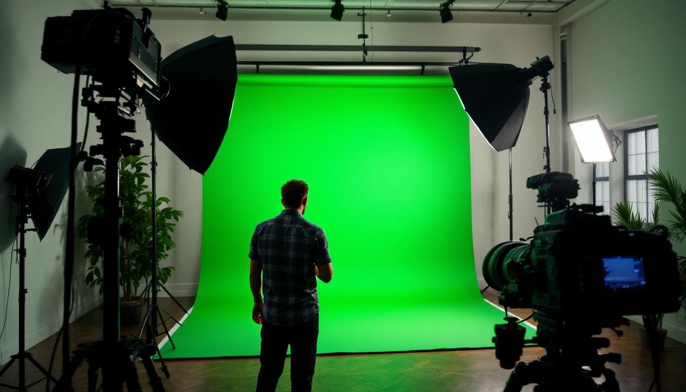 A photograph of a well-lit chroma key green screen setup