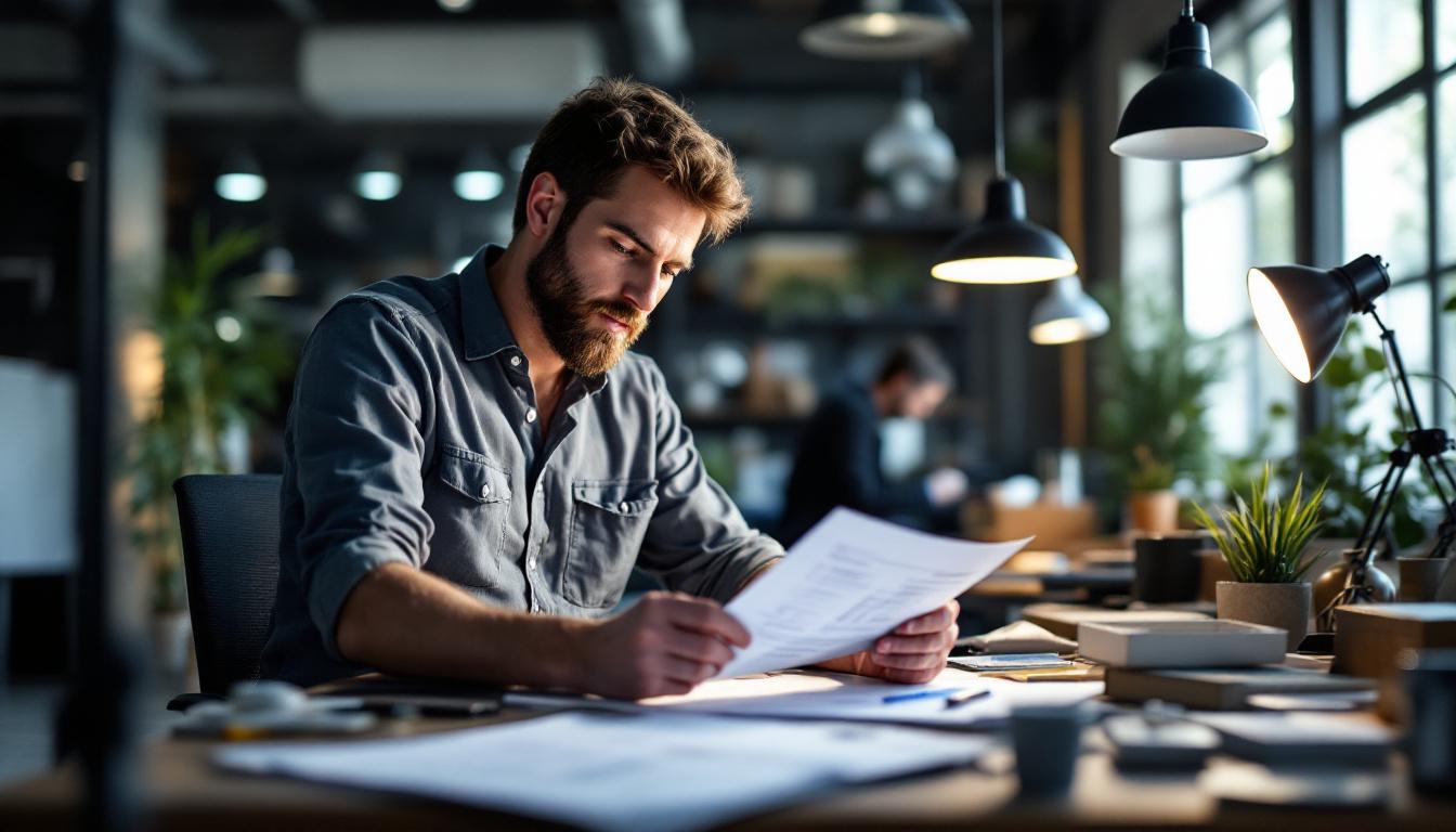 A photograph of a lighting engineer examining compliance standards in a well-lit workspace