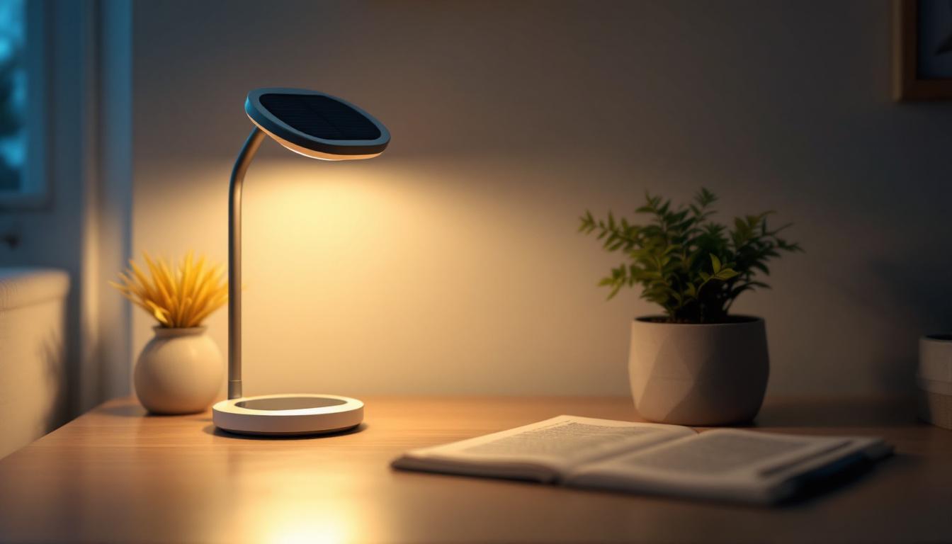 A photograph of a cozy indoor setting featuring a stylish tabletop solar lamp illuminating a workspace or reading nook