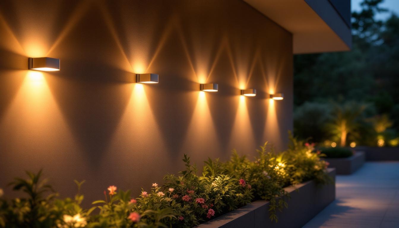 A photograph of a stylish outdoor space featuring contemporary led wall lights in use