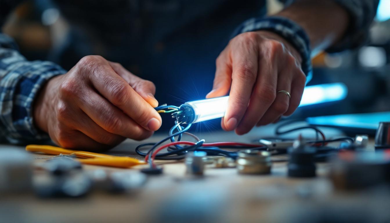 A photograph of a close-up shot of a person skillfully wiring led tube lights without a ballast