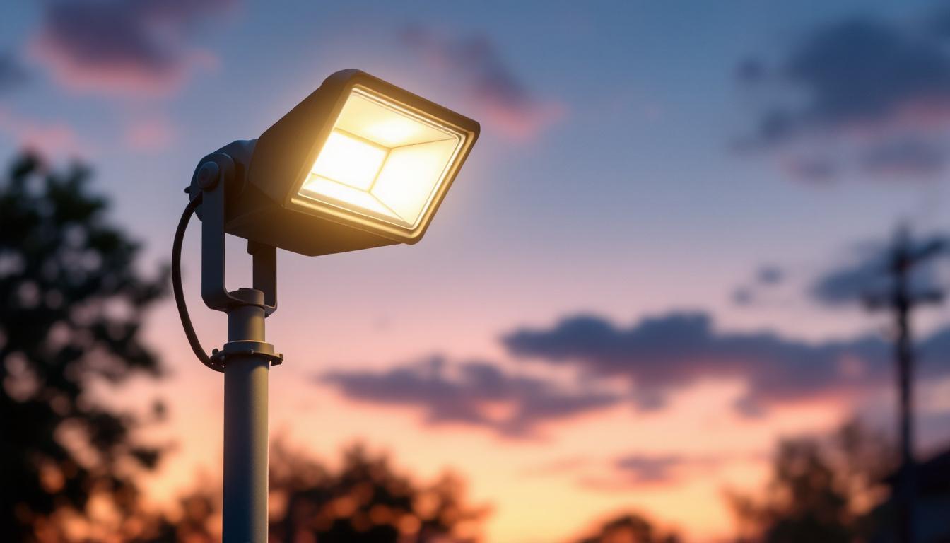 A photograph of a flood light mounted on a pole at dusk