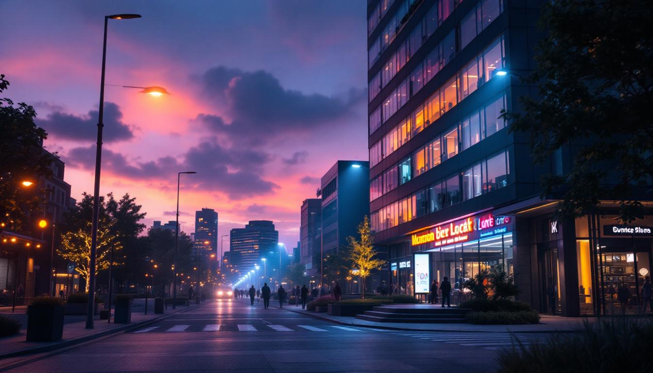 A photograph of a dynamic urban scene at dusk