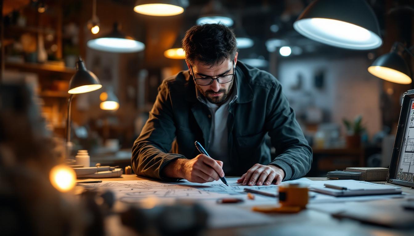 A photograph of a lighting engineer examining a detailed lighting project plan