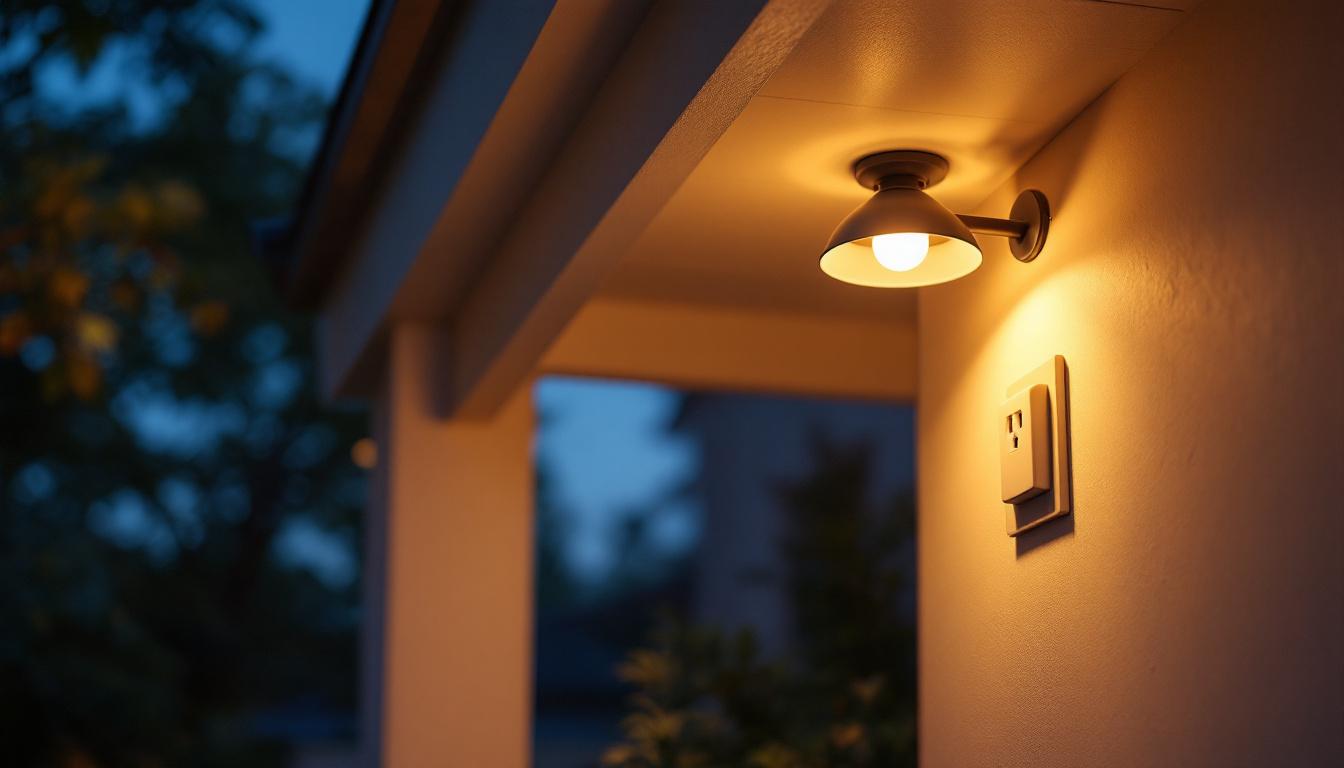 A photograph of a beautifully designed ceiling porch light with an integrated outlet