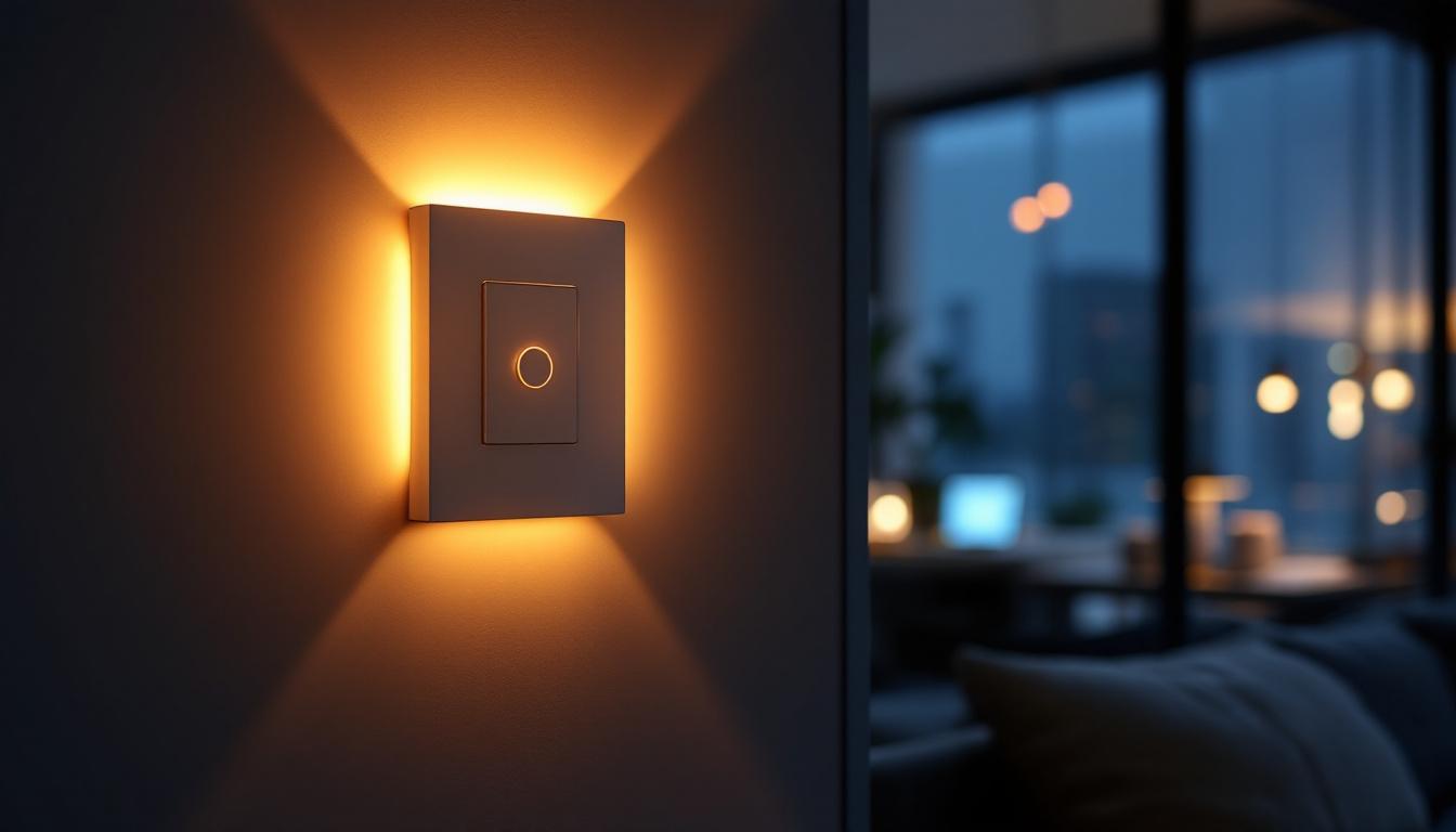 A photograph of a sleek illuminated wall switch in a modern home setting